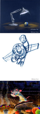 Picture One: John Lasseter Luxo Luxo Jr., 
1986 Reproduction of pastel
Picture Two: Bob Pauley Buzz Toy Story, 
1995 Reproduction of pencil
Picture Three: Harley Jessup, layout by Enrico Casarosa 
Colourscript Study: Remy Makes Ratatouille Ratatouille, 
2007 Digital painting