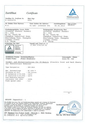 德國萊茵TUV向蘇州中來光伏新材股份有限公司頒發(fā)大中華區(qū)首張?zhí)柲鼙嘲遄C書