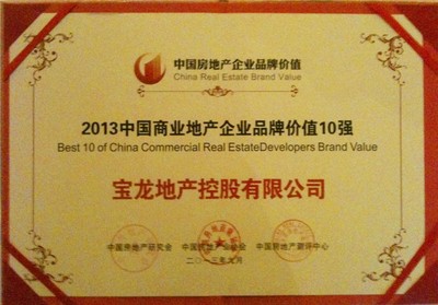 商業地產品牌價值10強證書